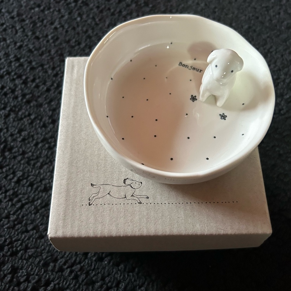 White Ceramic Dog Trinket Dish says " Bon Jour" with Black Dots
